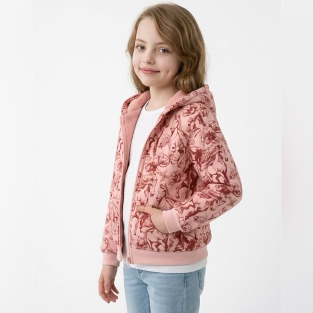 🇺🇸$5🇺🇸 Canyon Creek Pink Horse Sherpa Zip-Up Hoodie Jacket Large 12-14